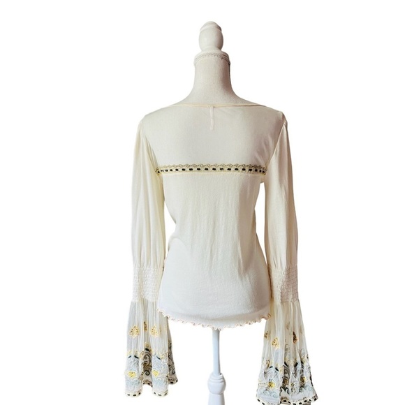FREE PEOPLE WOMENS CREME AND SHEER BOHO LONG BELL SLEEVES TOP SIZE LARGE - Picture 3 of 16